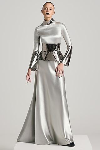 silver textured satin dress with corset belt