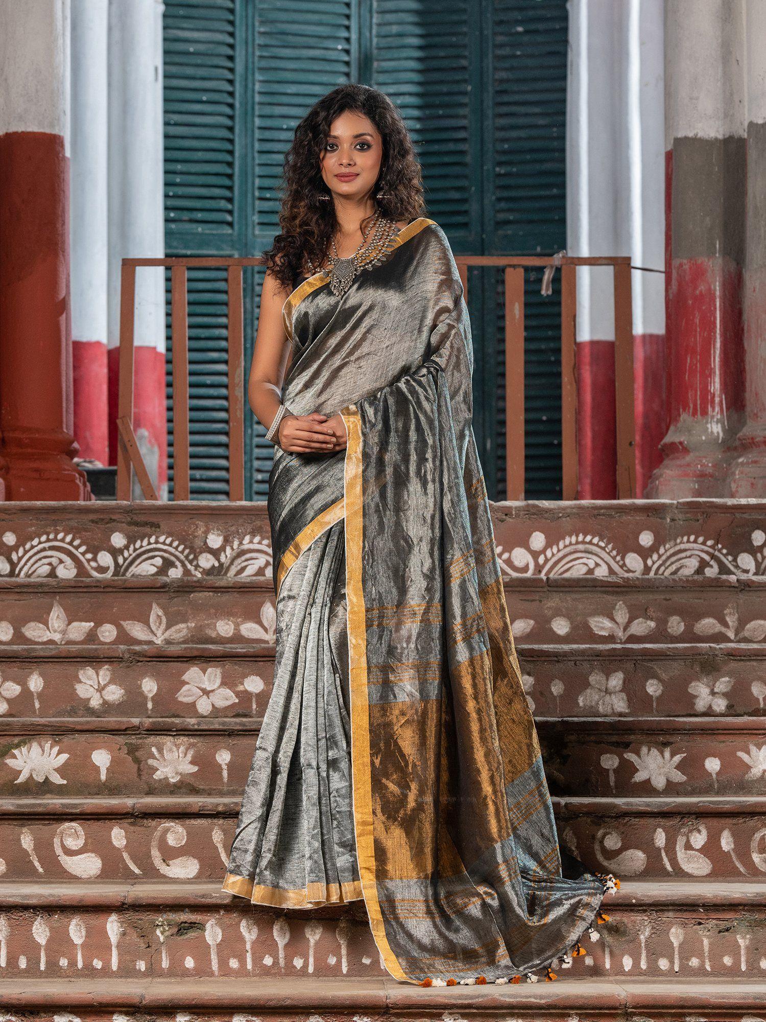 silver tissue gold zari pallu handwoven saree with unstitched blouse