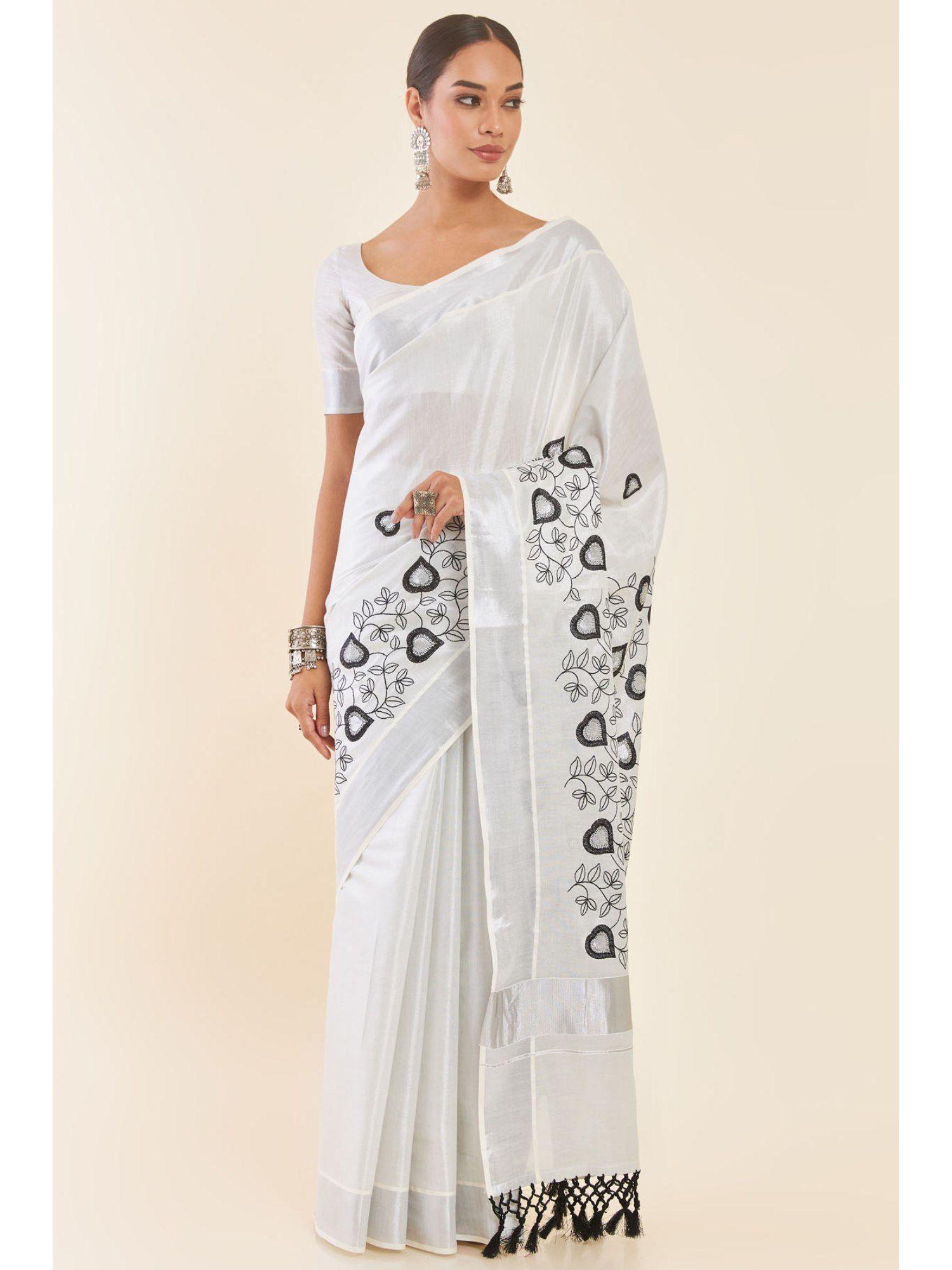 silver tissue kasavu saree with embroidered foliage design and unstitched blouse