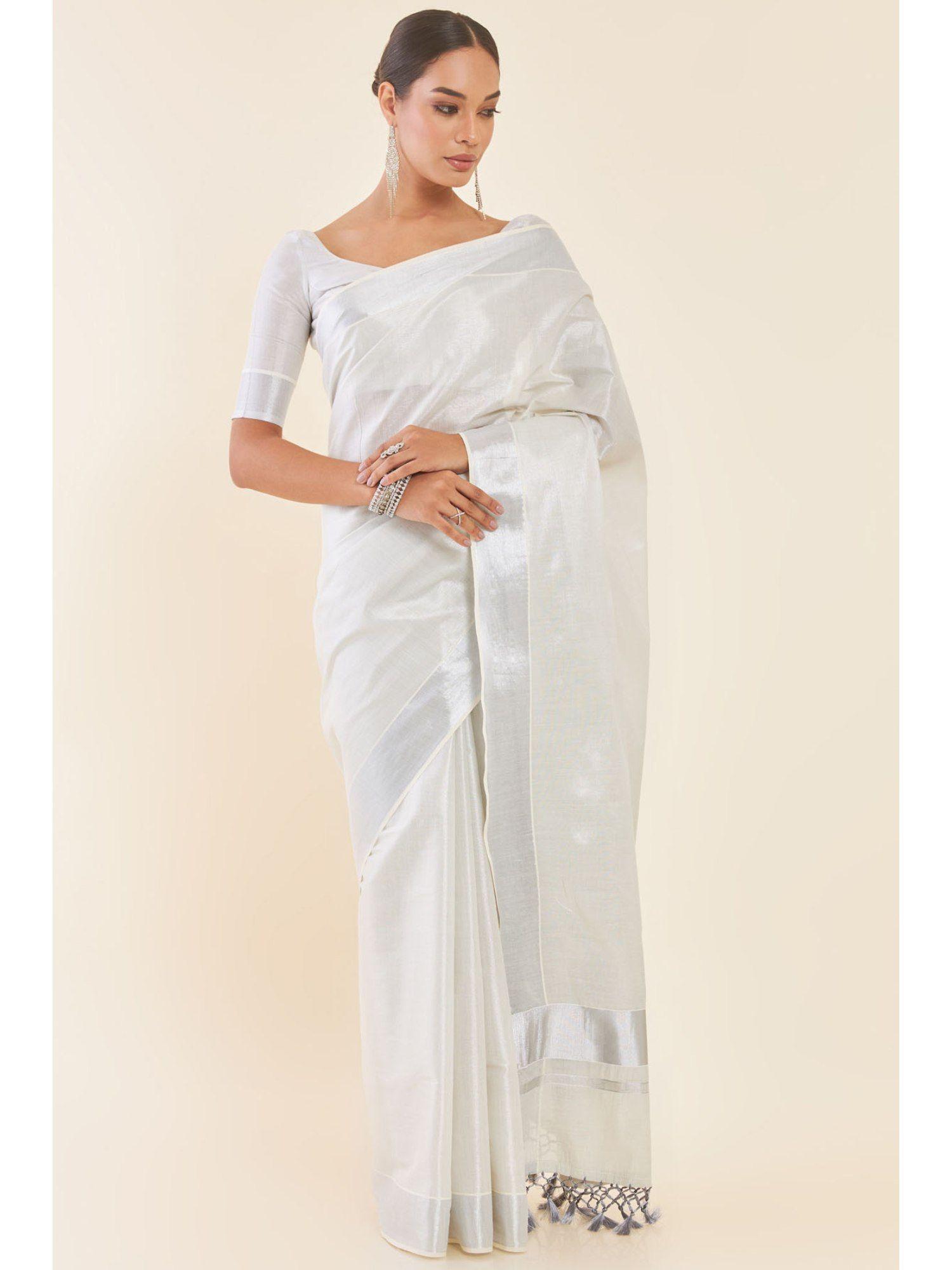 silver tissue kasavu saree with zari woven borders and unstitched blouse