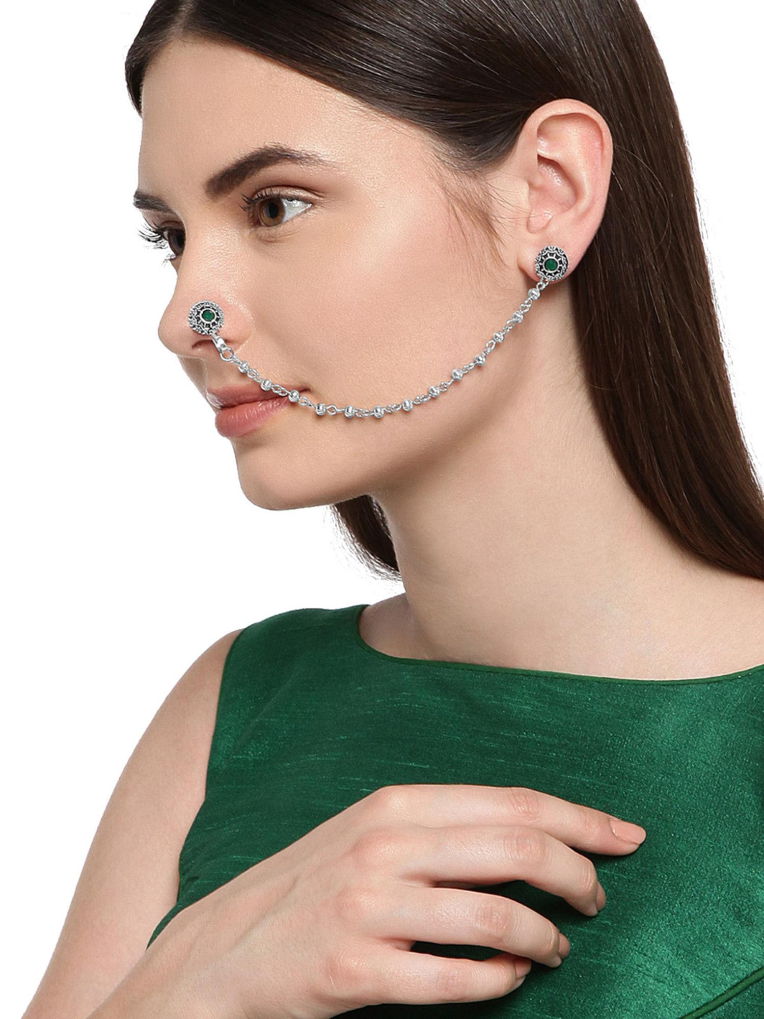silver tone clip-on nose pin chain linked with stud earrings