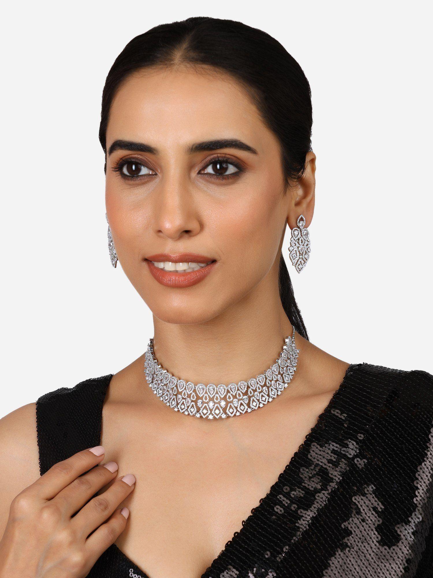 silver tone cubic zirconia brass choker necklace earring set-zpfk17338