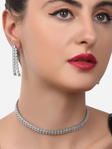 silver tone dazzling cubic zirconia necklace & earring set-zpfk15294