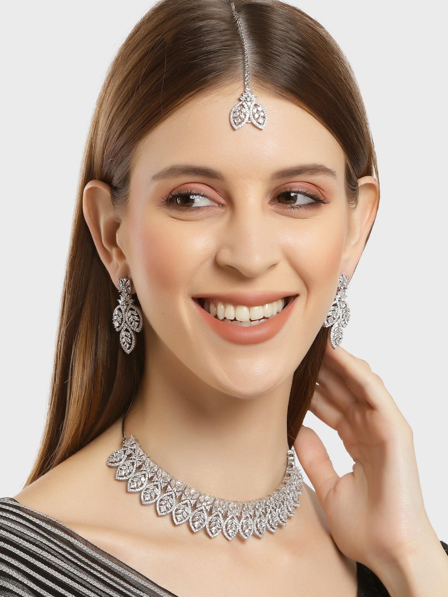 silver tone leaf shape ad studded necklace set for women