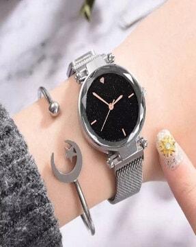 silver-toned analogue watch