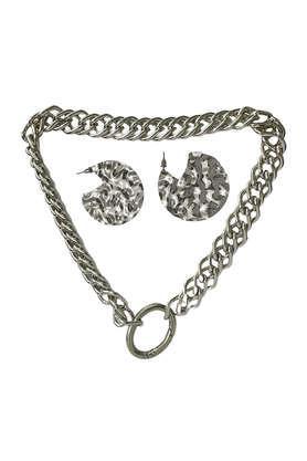 silver-toned circular chunky chain link necklace & hammered hoop earrings - set of 2