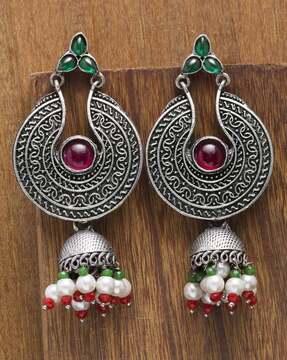 silver-toned oxidised stone-studded drop earrings