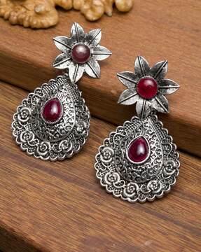 silver-toned oxidised stone-studded drop earrings