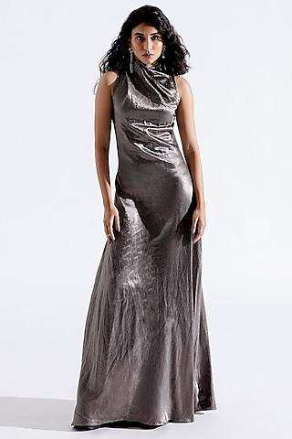 silver vegan mashru maxi cowl dress