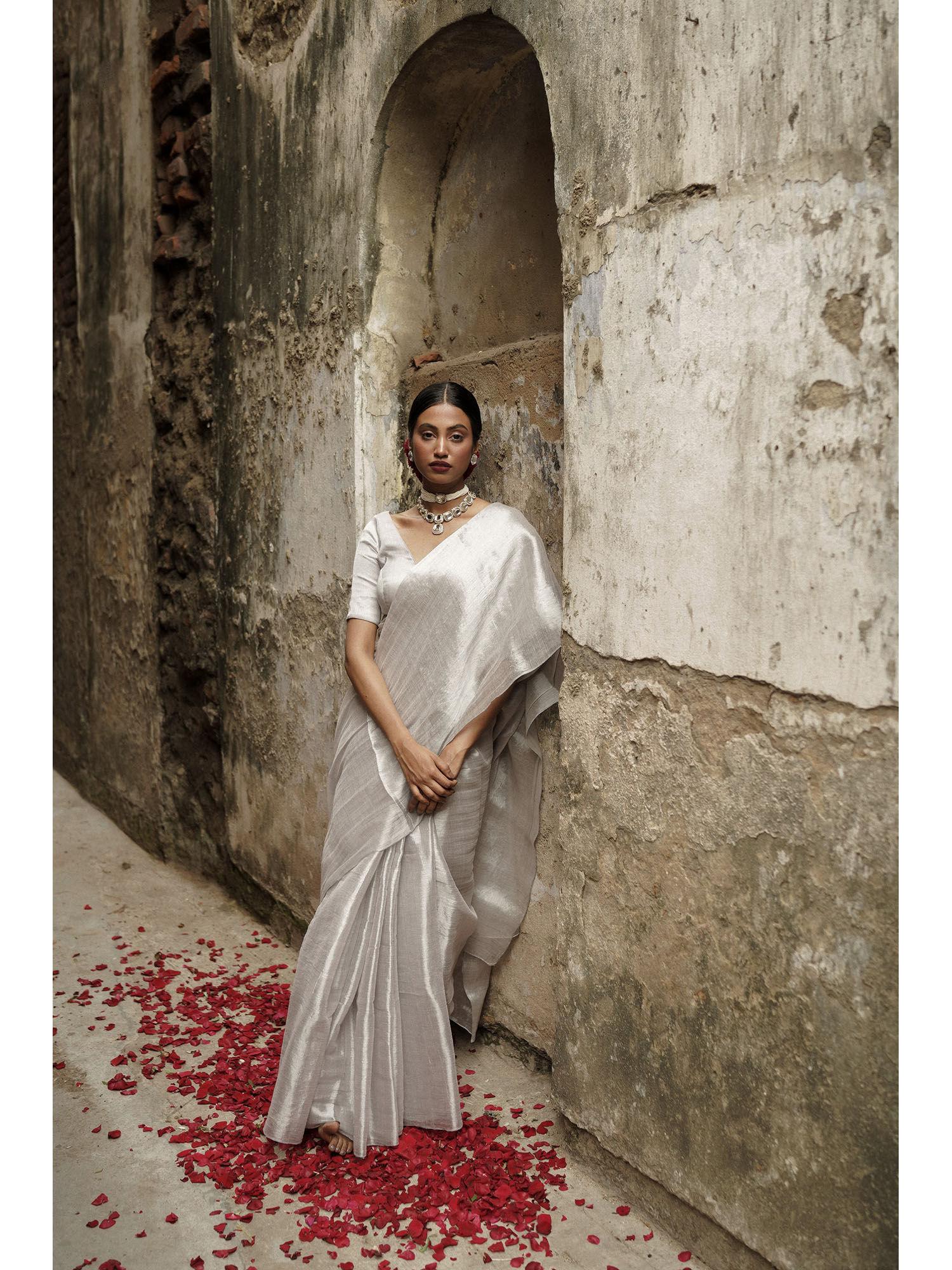 silver white tissue saree without blouse