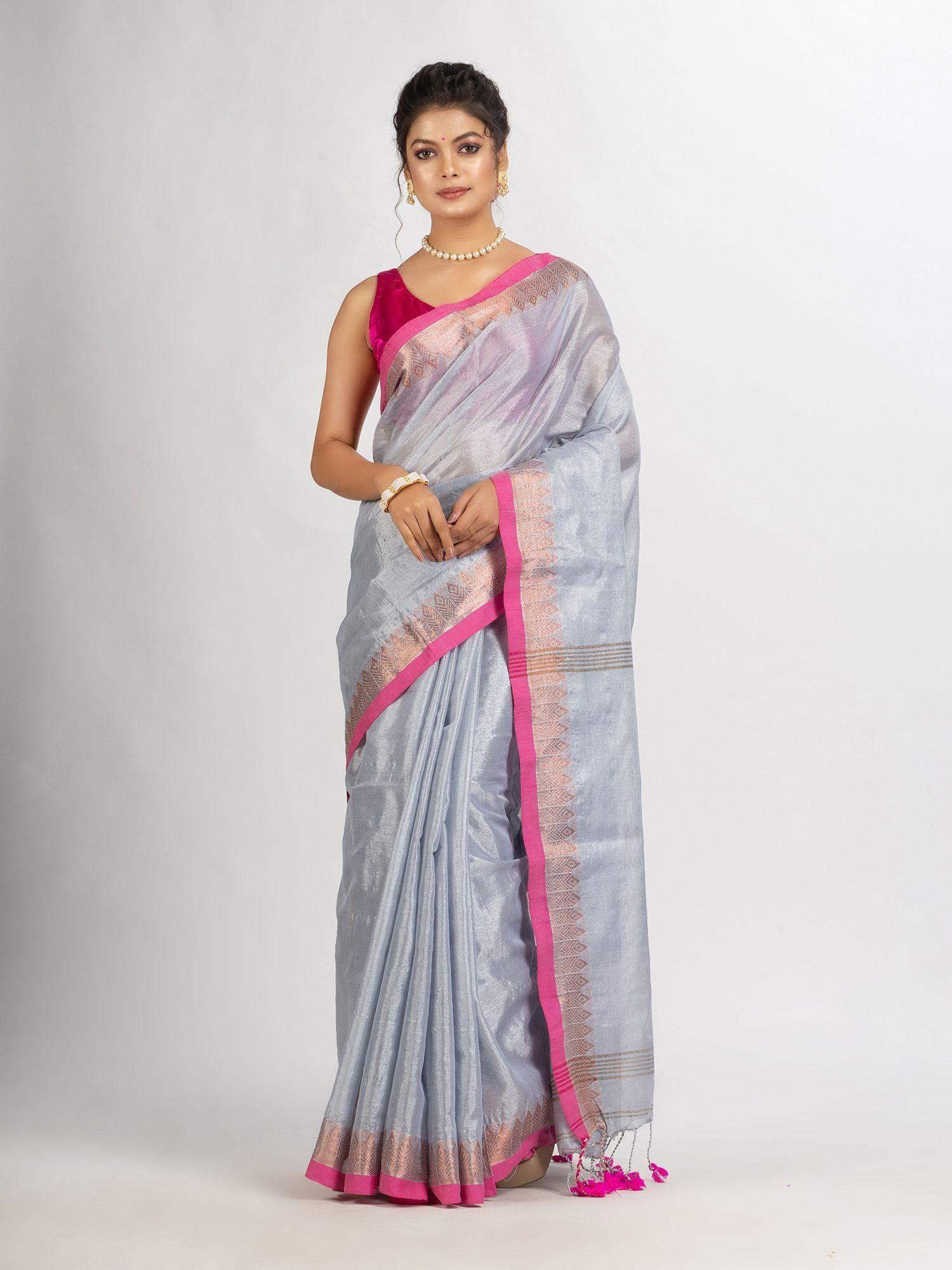 silver zari cotton tissue jacquard border handloom saree with unstitched blouse