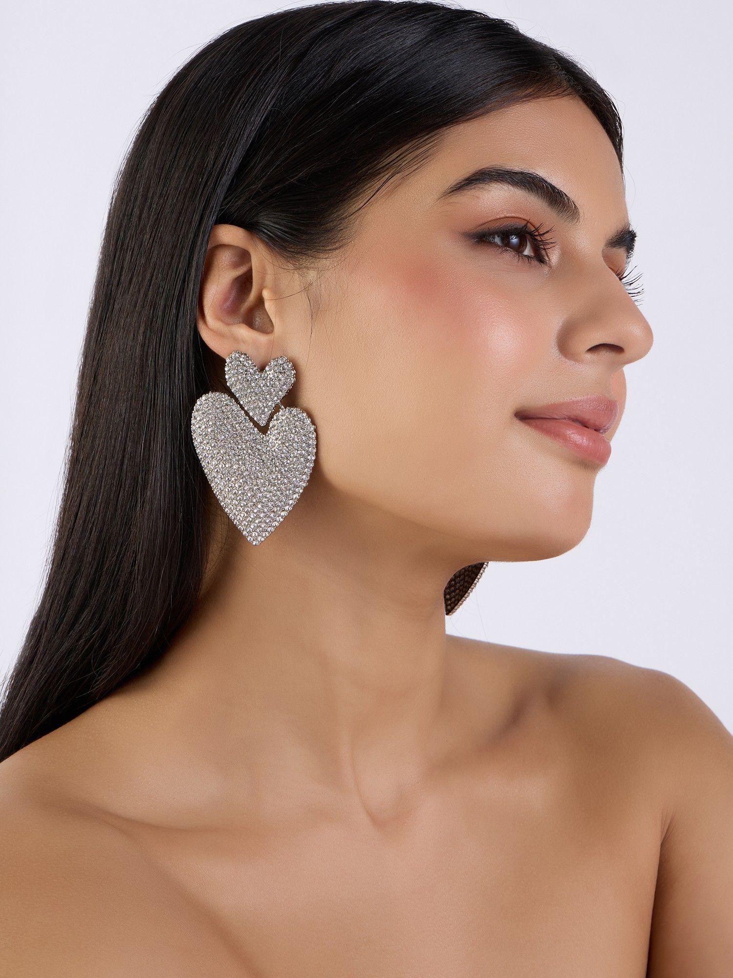 silver zircon embellished dual heart shape drop earrings