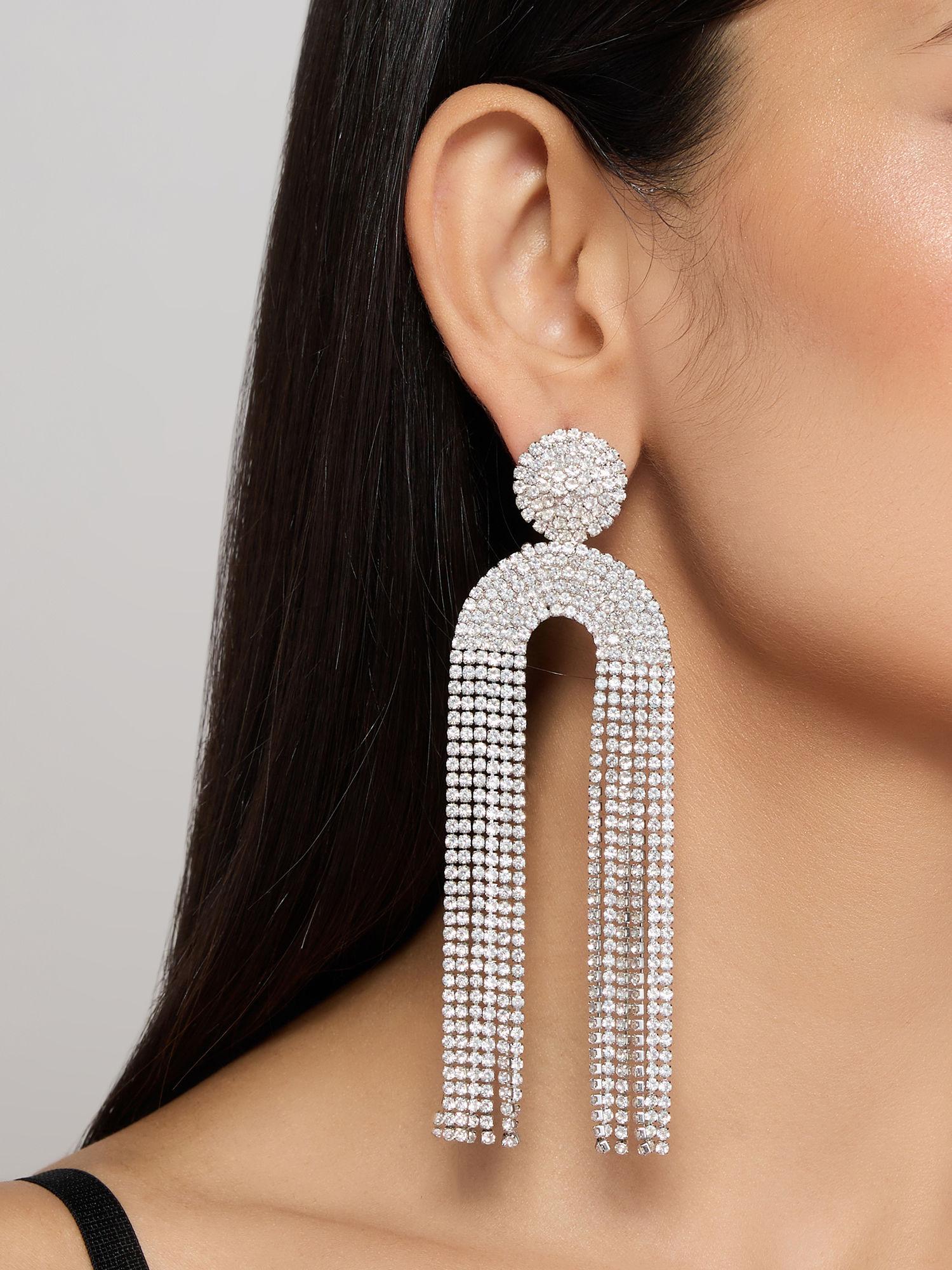 silver zircon embellished fringed oversized drop party earrings