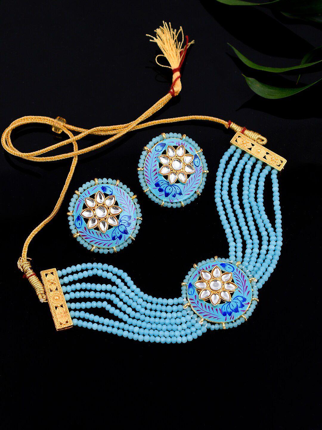 silvermec design yellow & blue gold-plated beaded meenakari jewellery set