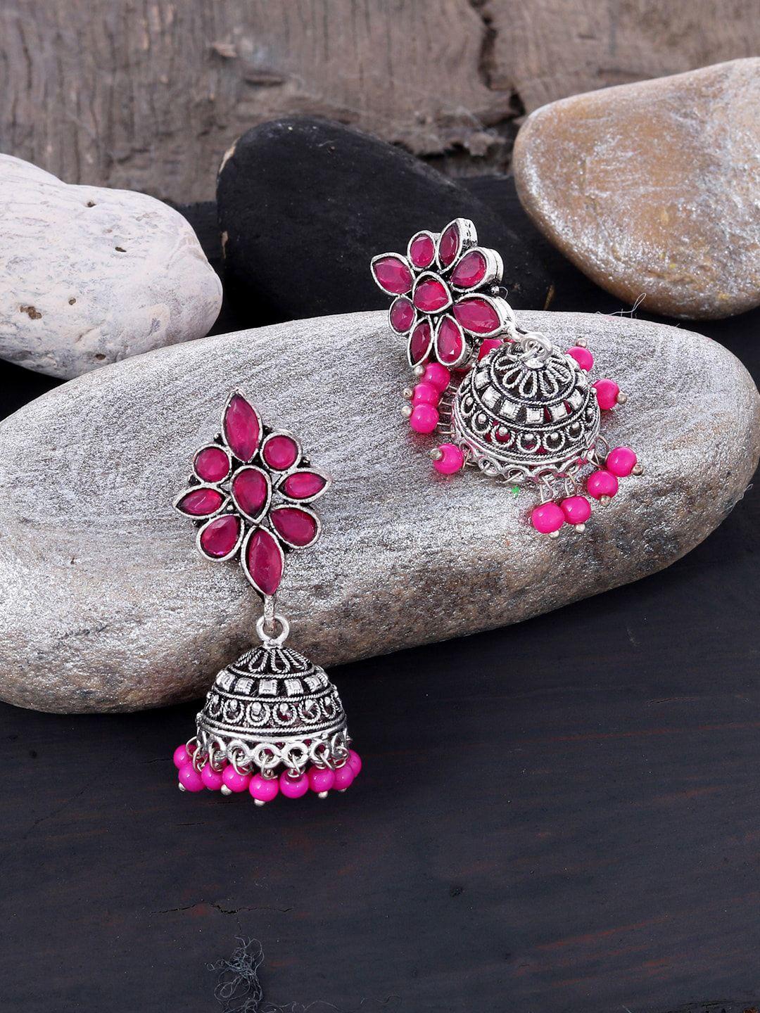 silvermerc designs pink & silver-toned & plated stone-studded jhumkas earrings