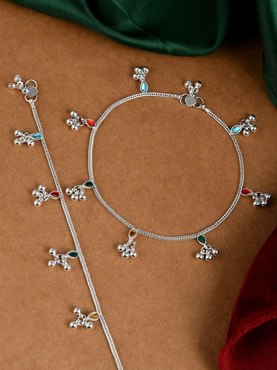silvermerc designs set of 2 silver plated stone  studded anklet