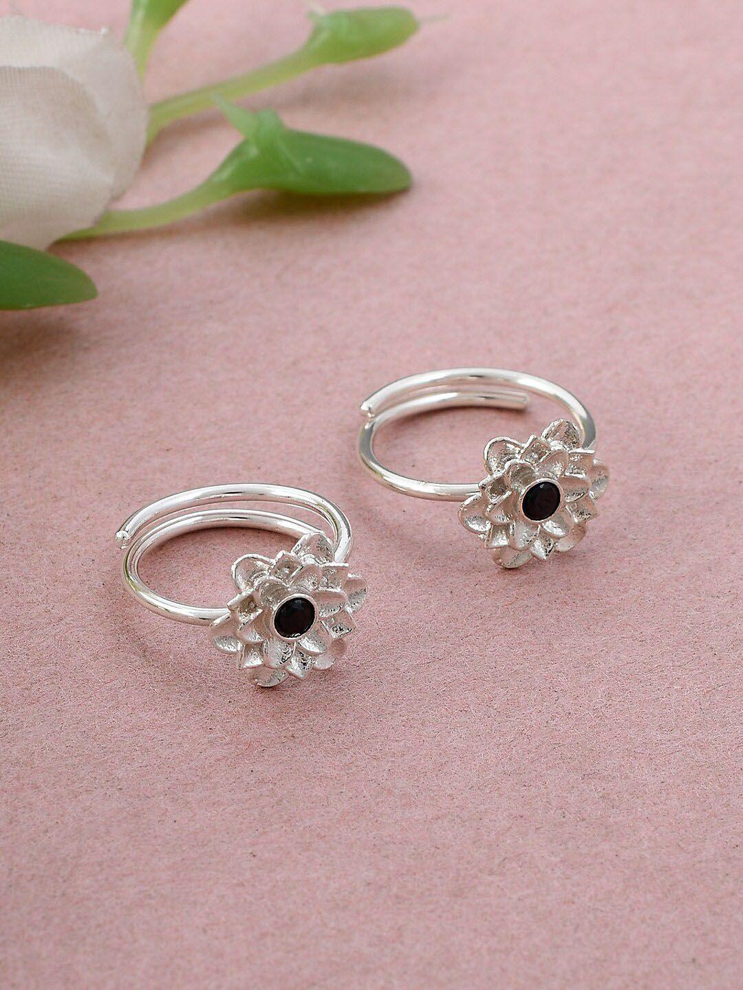 silvermerc designs set of 2 silver-plated & black quartz-studded adjustable toe rings