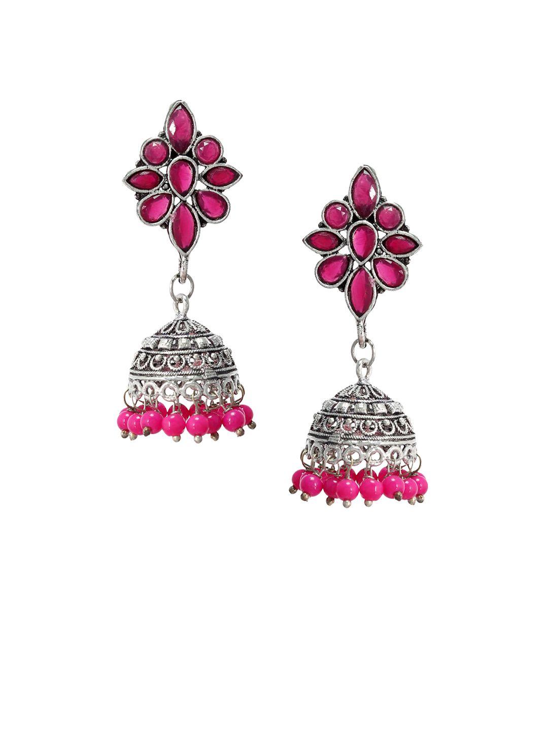 silvermerc designs silver-toned & pink dome-shaped jhumkas
