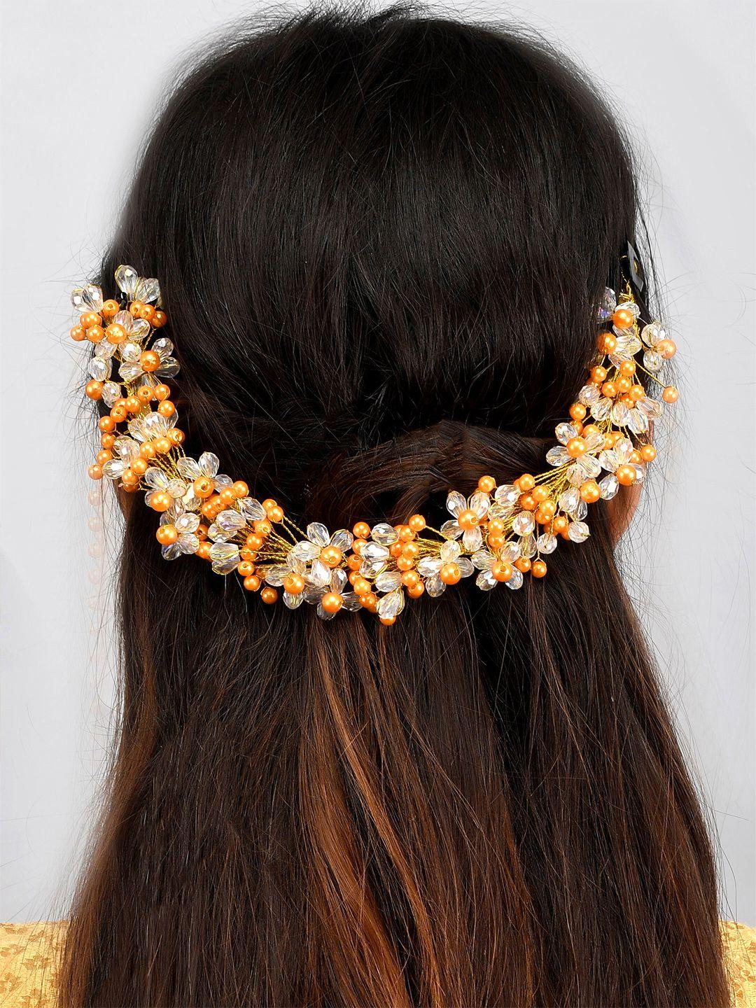 silvermerc designs women gold-toned & orange beaded embellished tiara