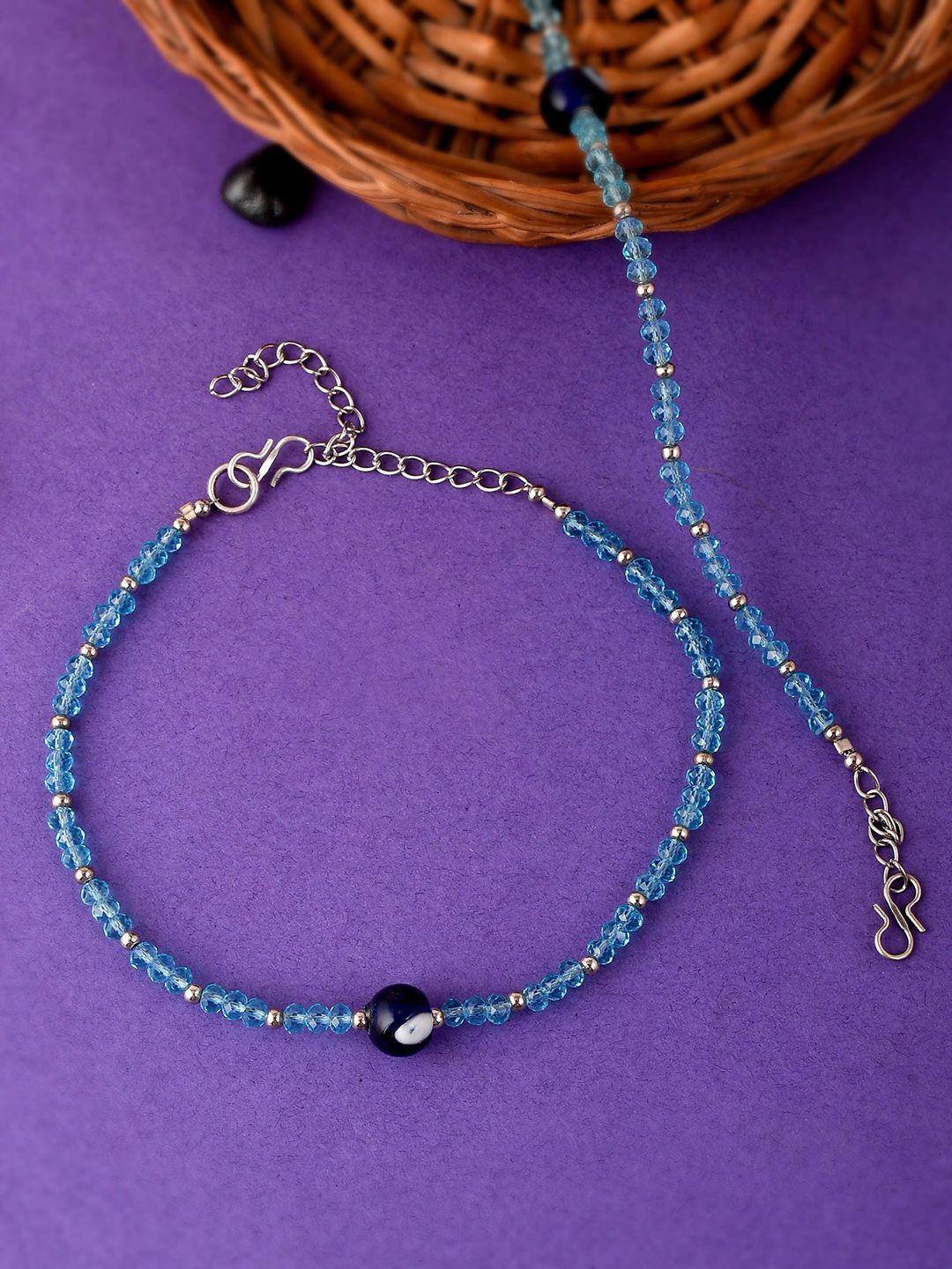silvermerc designs women set of 2 silver-plated black & blue beaded evil eye chain anklet