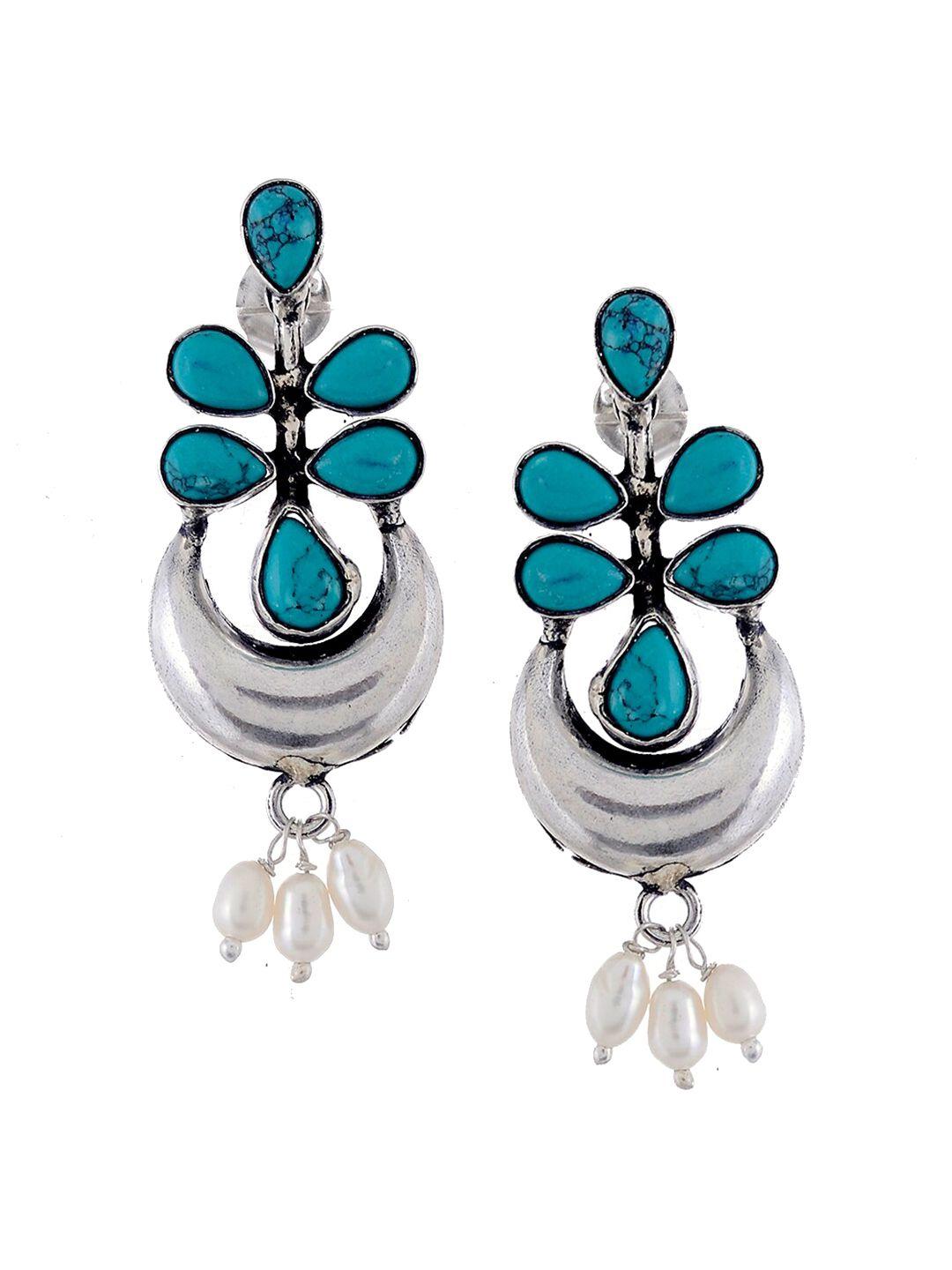 silvermerc 925 silver-toned & turquoise blue floral studs earrings