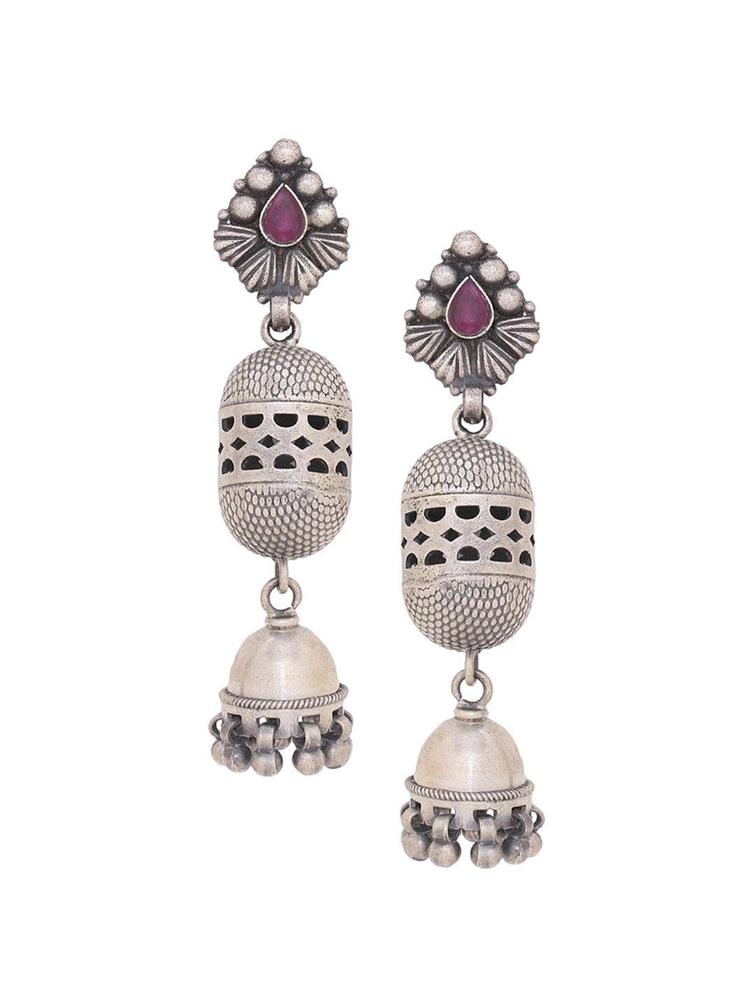 silvermerc 925 silver-toned teardrop shaped jhumkas earrings