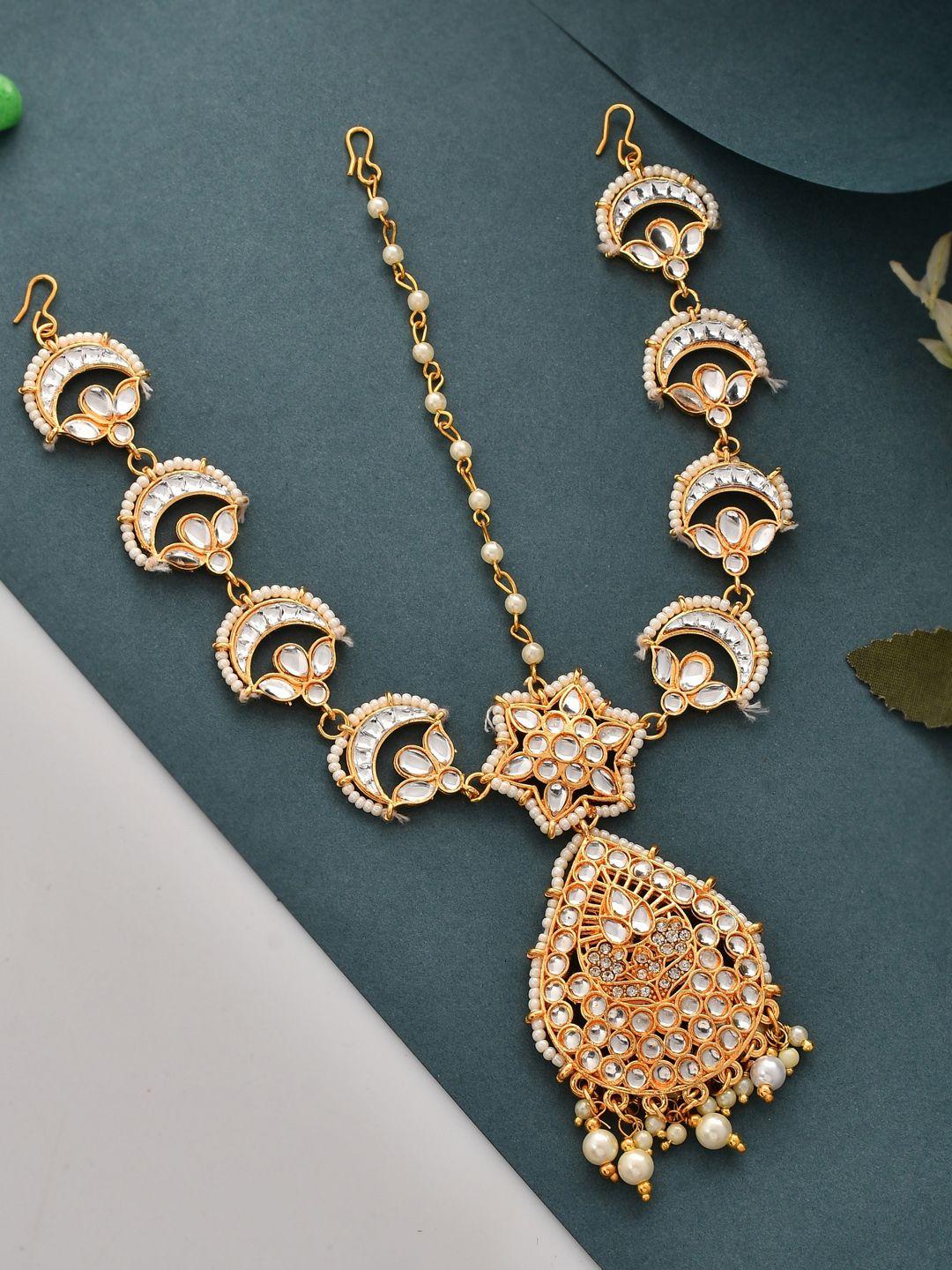 silvermerc designs gold-plated kundan studded & beaded matha patti
