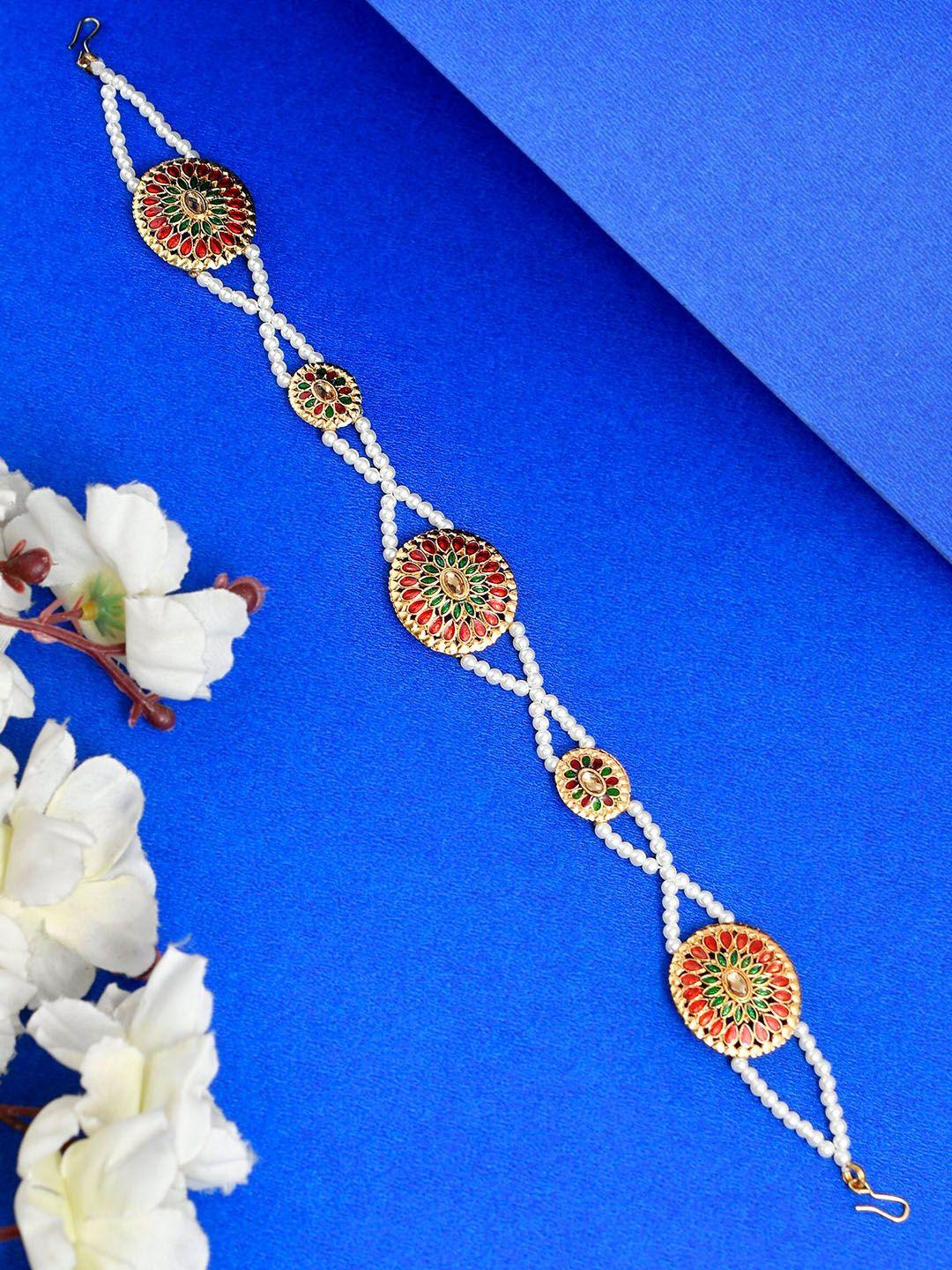 silvermerc designs gold-plated kundan-studded & pearl beaded meenakari sheeshphool