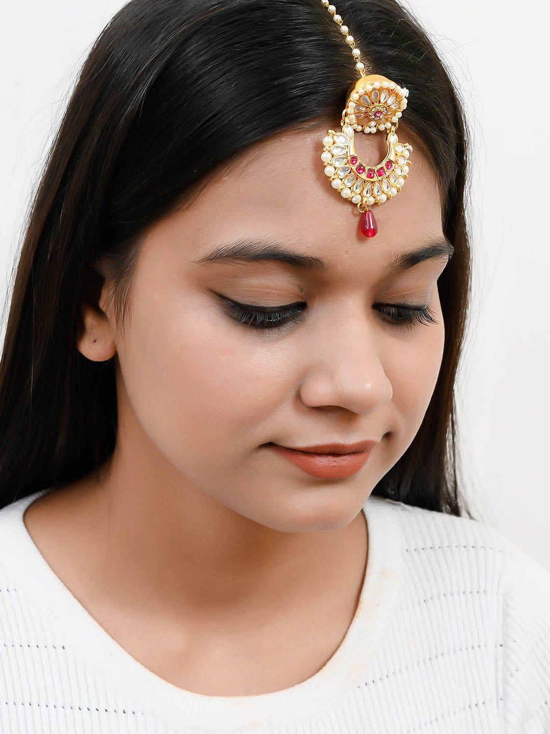 silvermerc designs gold-plated off-white & red kundan-studded & pearl beaded maang tikka