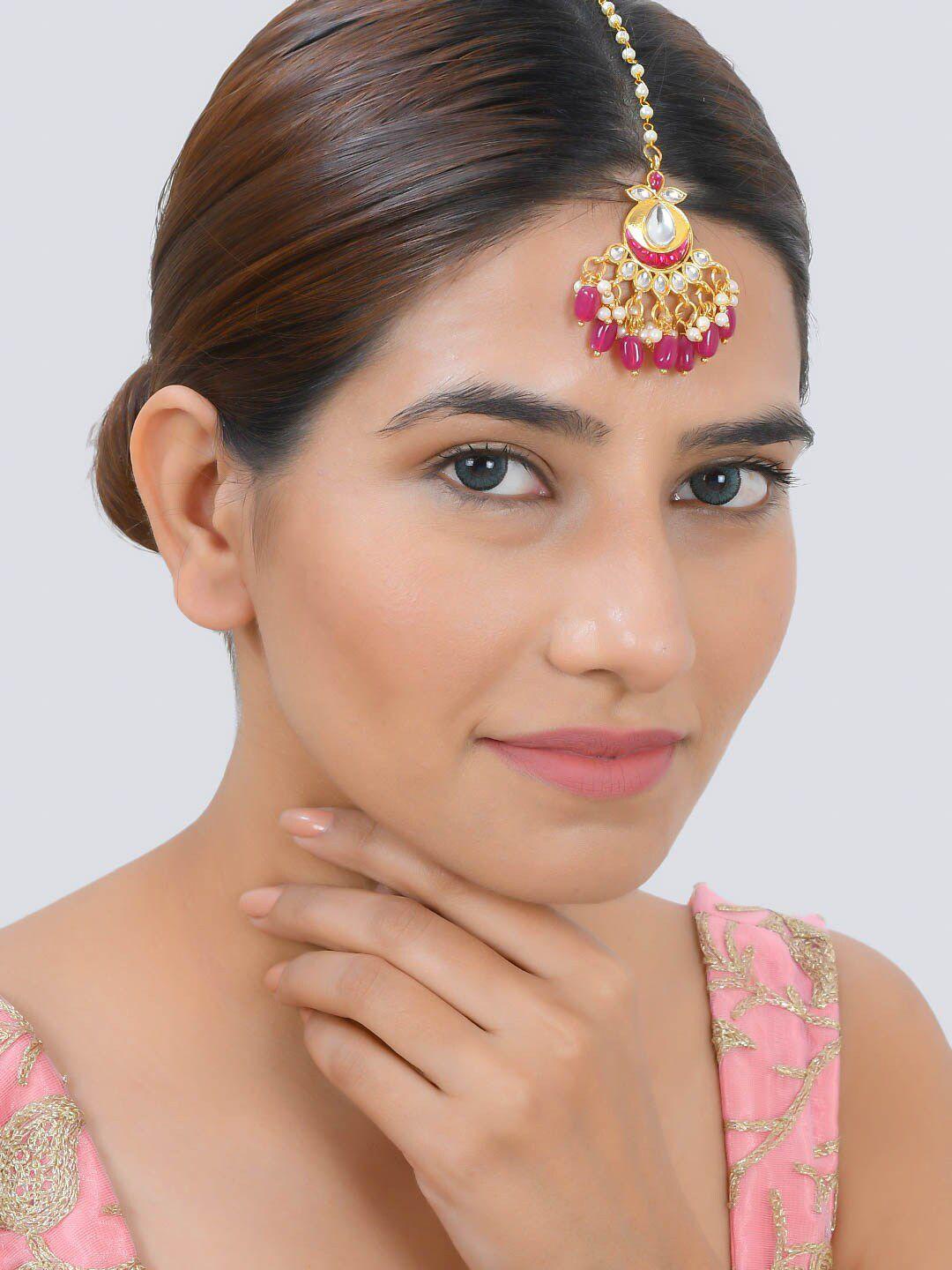 silvermerc designs gold-plated pink & white kundan-studded & beaded handcrafted maang tikka