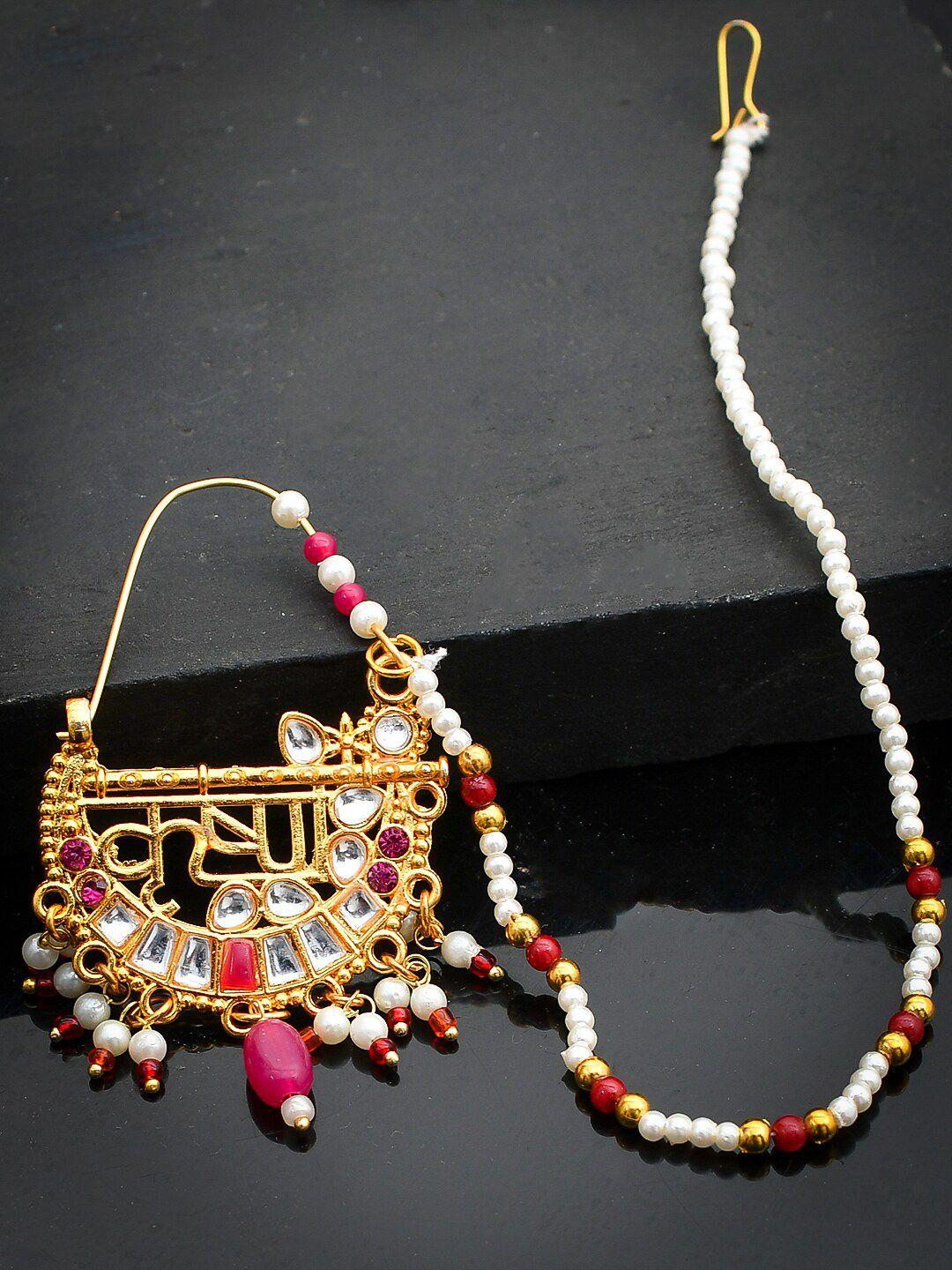 silvermerc designs gold-plated red & white stone pearl beaded meenakari krishna nose ring