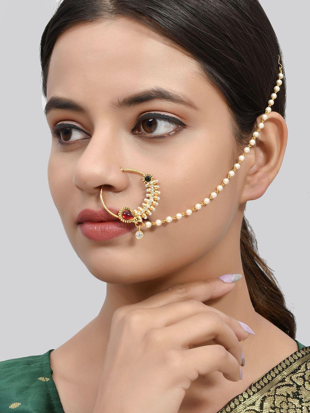 silvermerc designs gold-plated red & white stone-studded & beaded nose pin