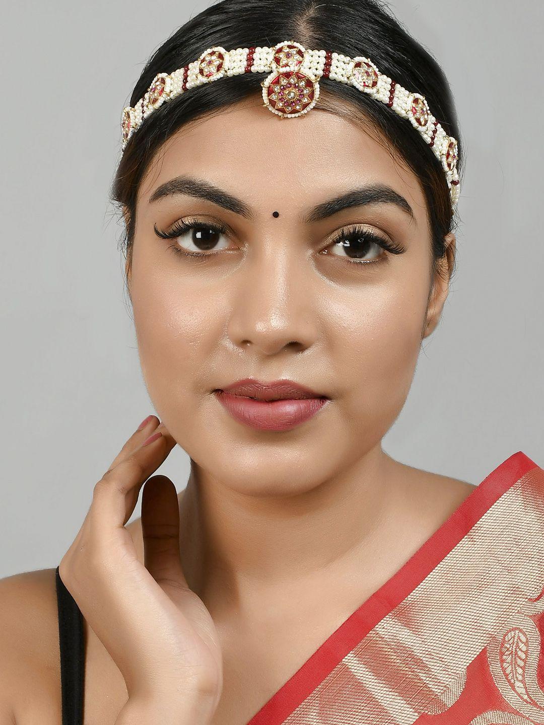 silvermerc designs gold-plated red & white stone-studded mathapatti with borla