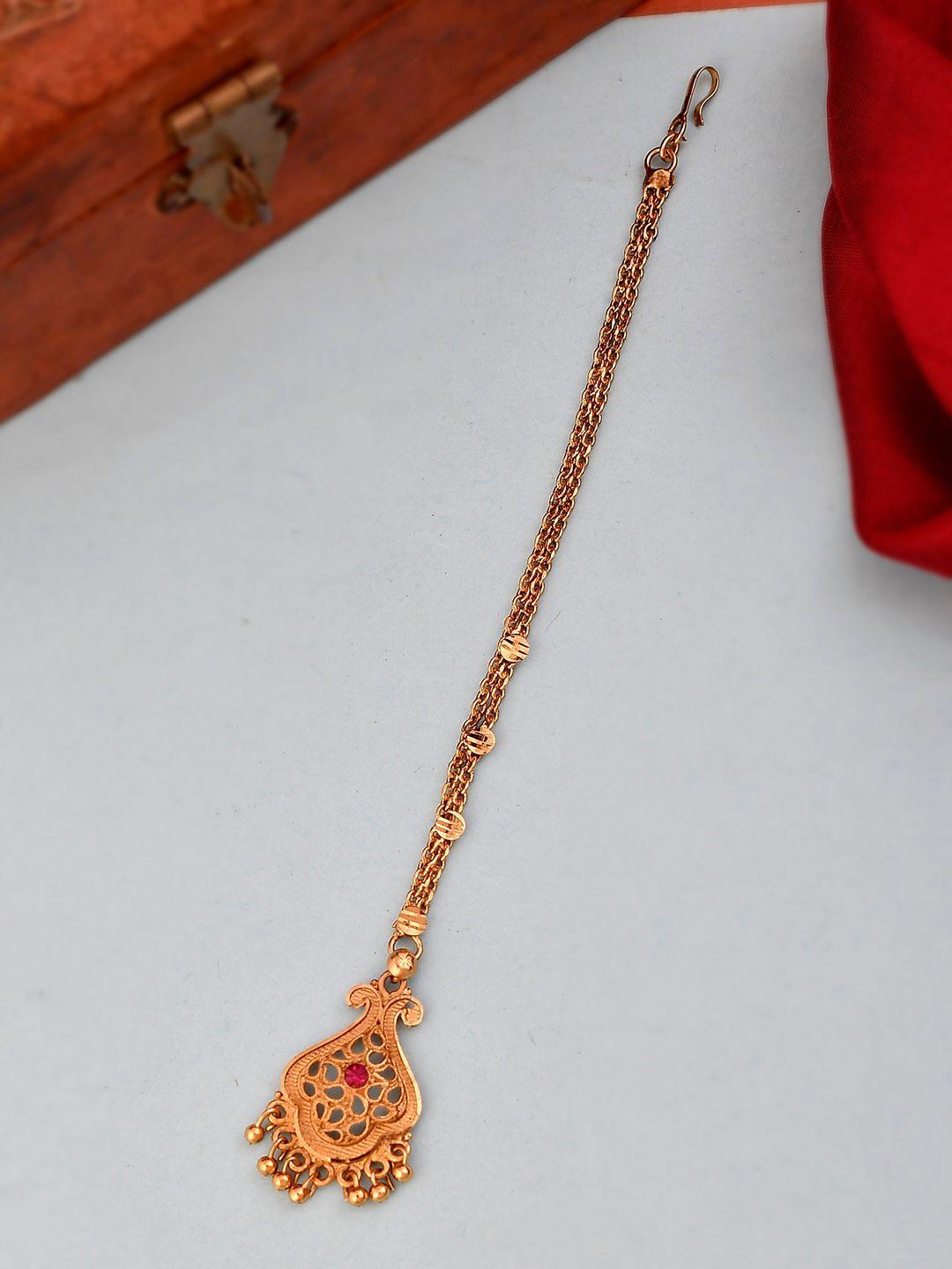 silvermerc designs gold-plated red cz stone-studded & beaded maang tikka