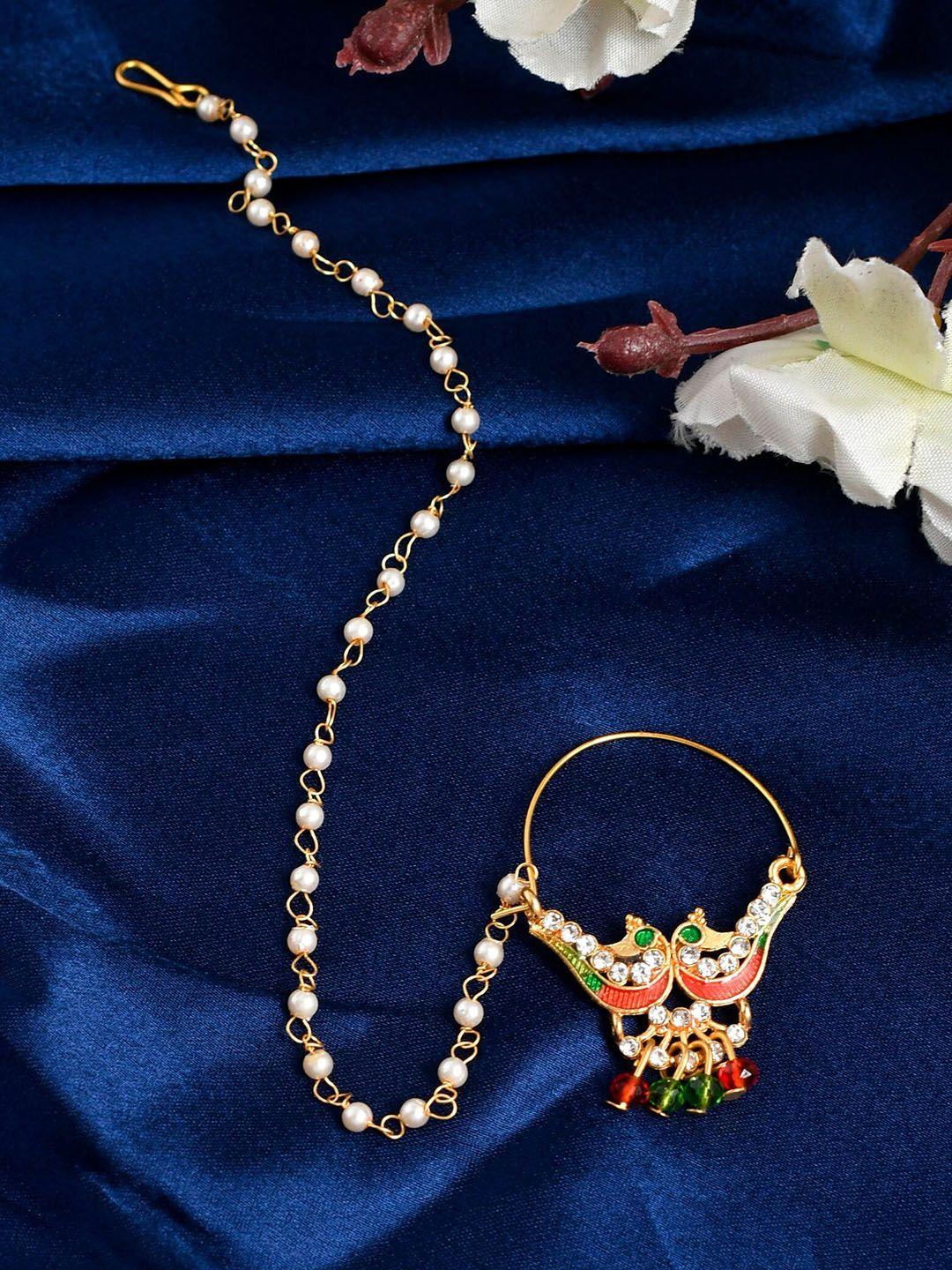 silvermerc designs gold-plated stone-studded & beaded meenakari kamakshi nosering