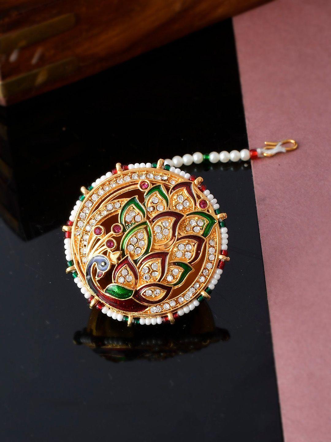 silvermerc designs gold-plated white & green pearl studded meenakari maang tikka