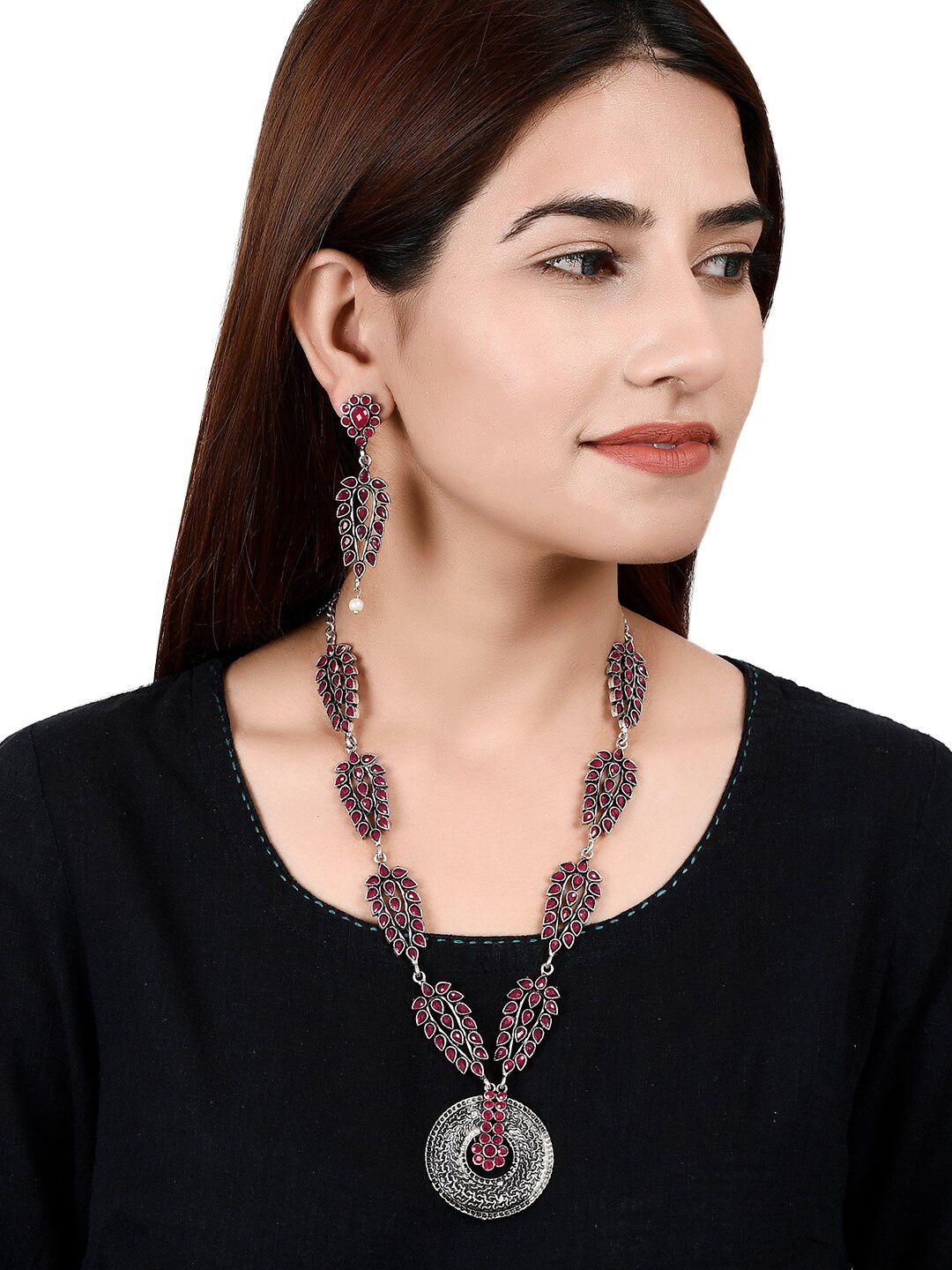 silvermerc designs oxidised silver-plated pink stone-studded leaf-shaped handcrafted jewellery set
