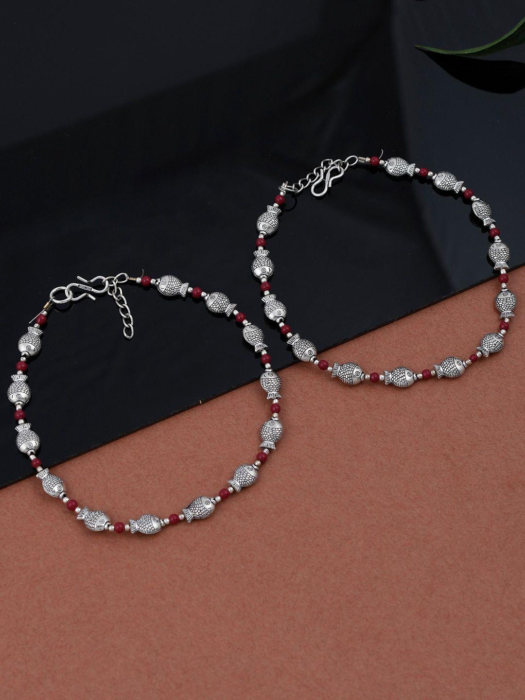 silvermerc designs oxidised silver-plated red beaded handmade anklets