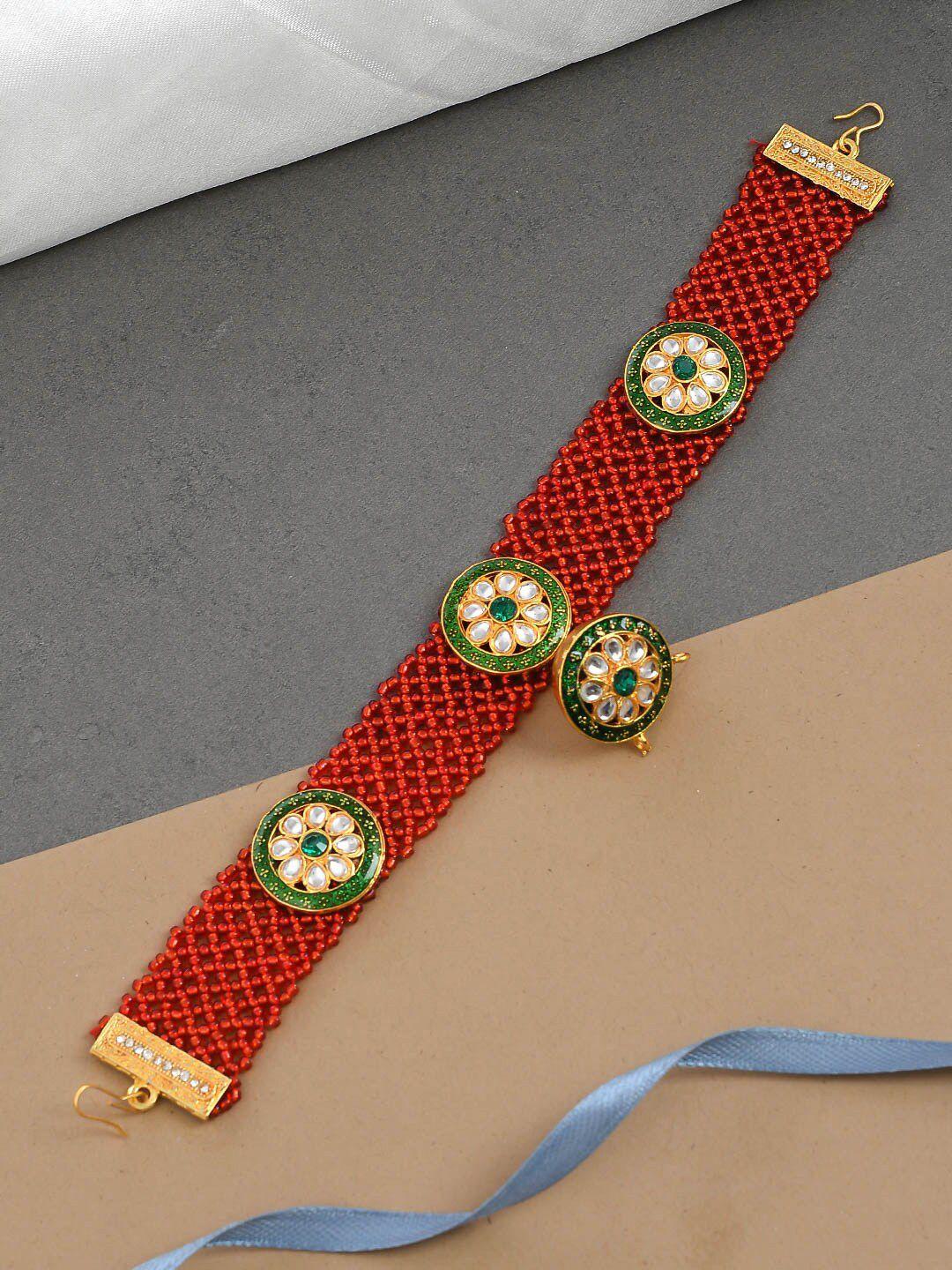 silvermerc designs red & green gold-plated kundan-studded enamelled mathapatti with borla