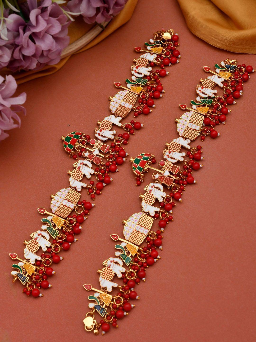 silvermerc designs set of 2 gold-plated red artificial stones & beads-beaded bridal anklet