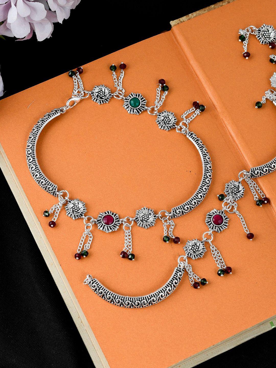 silvermerc designs set of 2 oxidized silver-plated red & green stone-studded rasika anklets