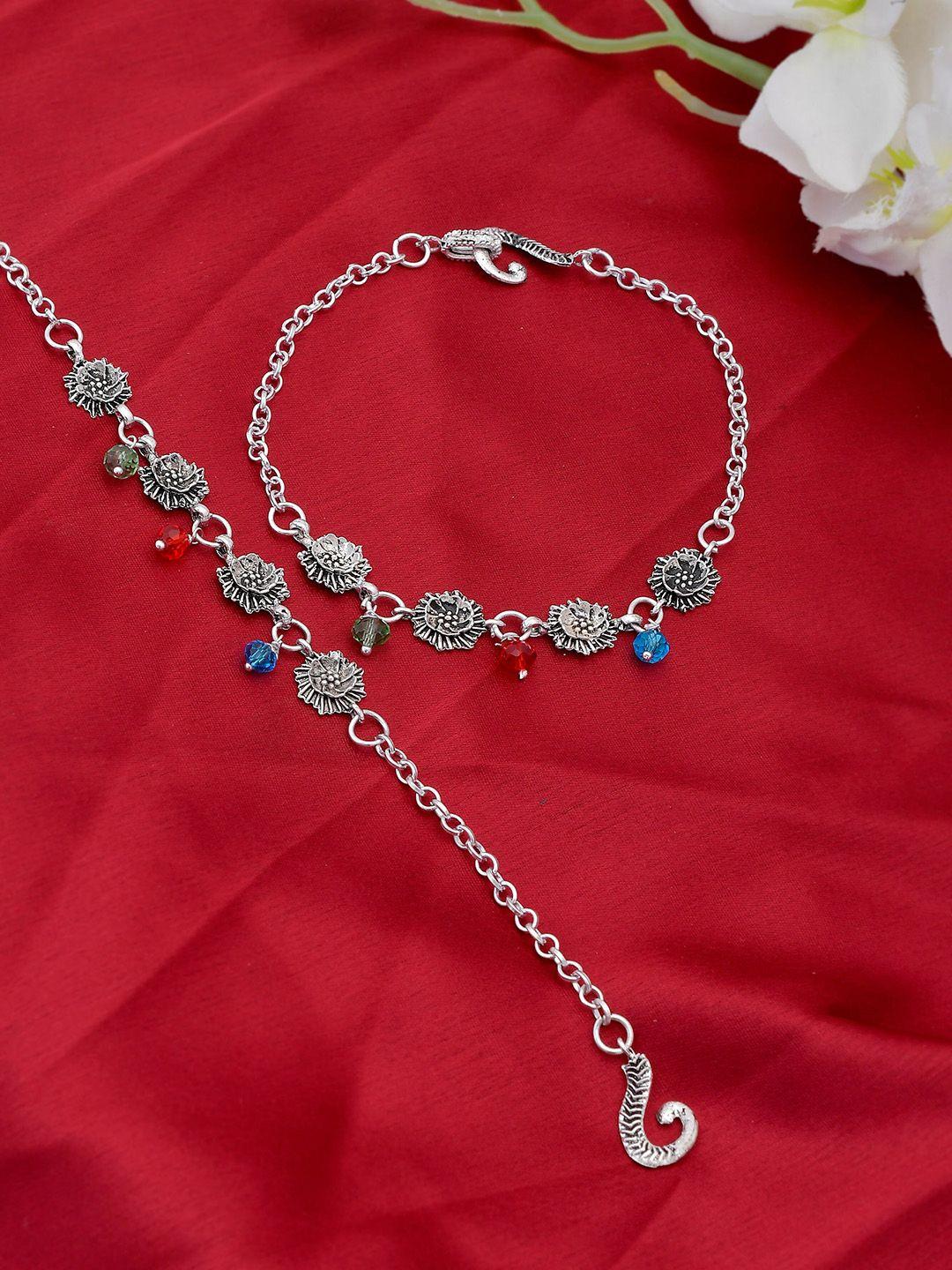 silvermerc designs set of 2 silver-plated blue & red stone-studded enamelled anklets