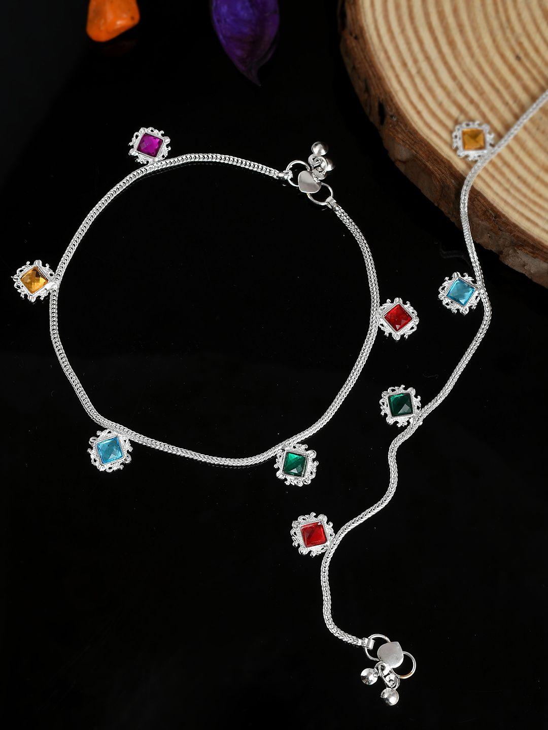 silvermerc designs set of 2 silver-plated red & yellow stone-studded & enamelled beaded anklets