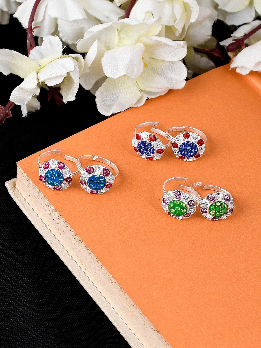 silvermerc designs set of 3 silver-plated blue & green stone-studded toe rings