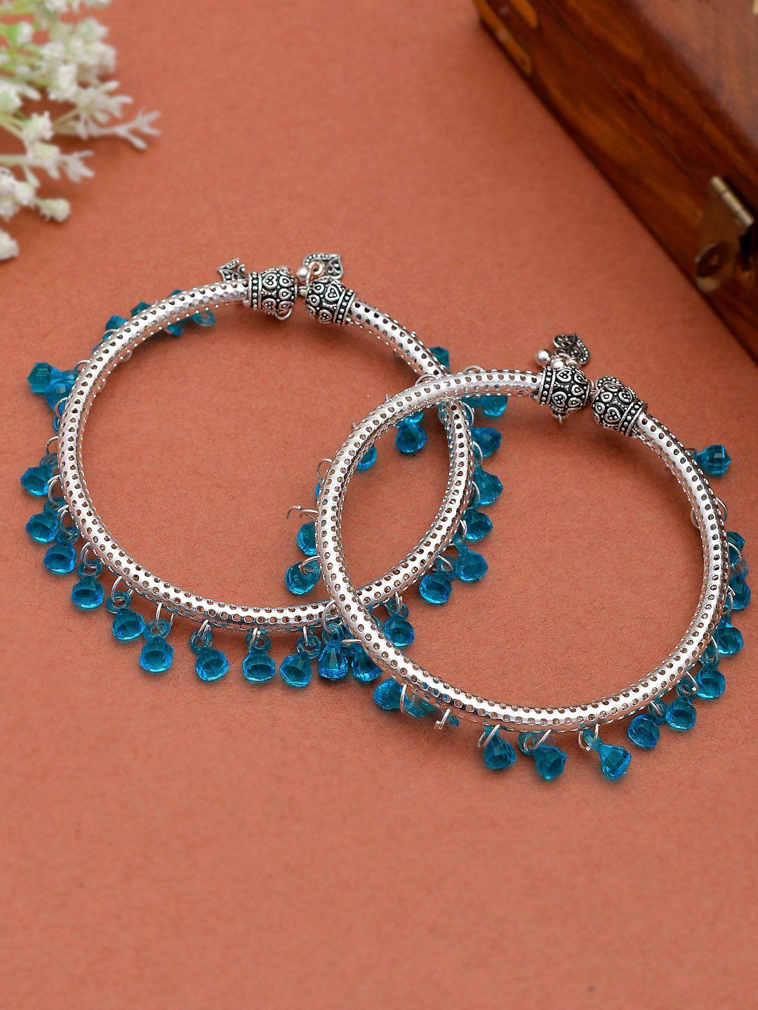 silvermerc designs silver plated & blue stone studded kada anklets