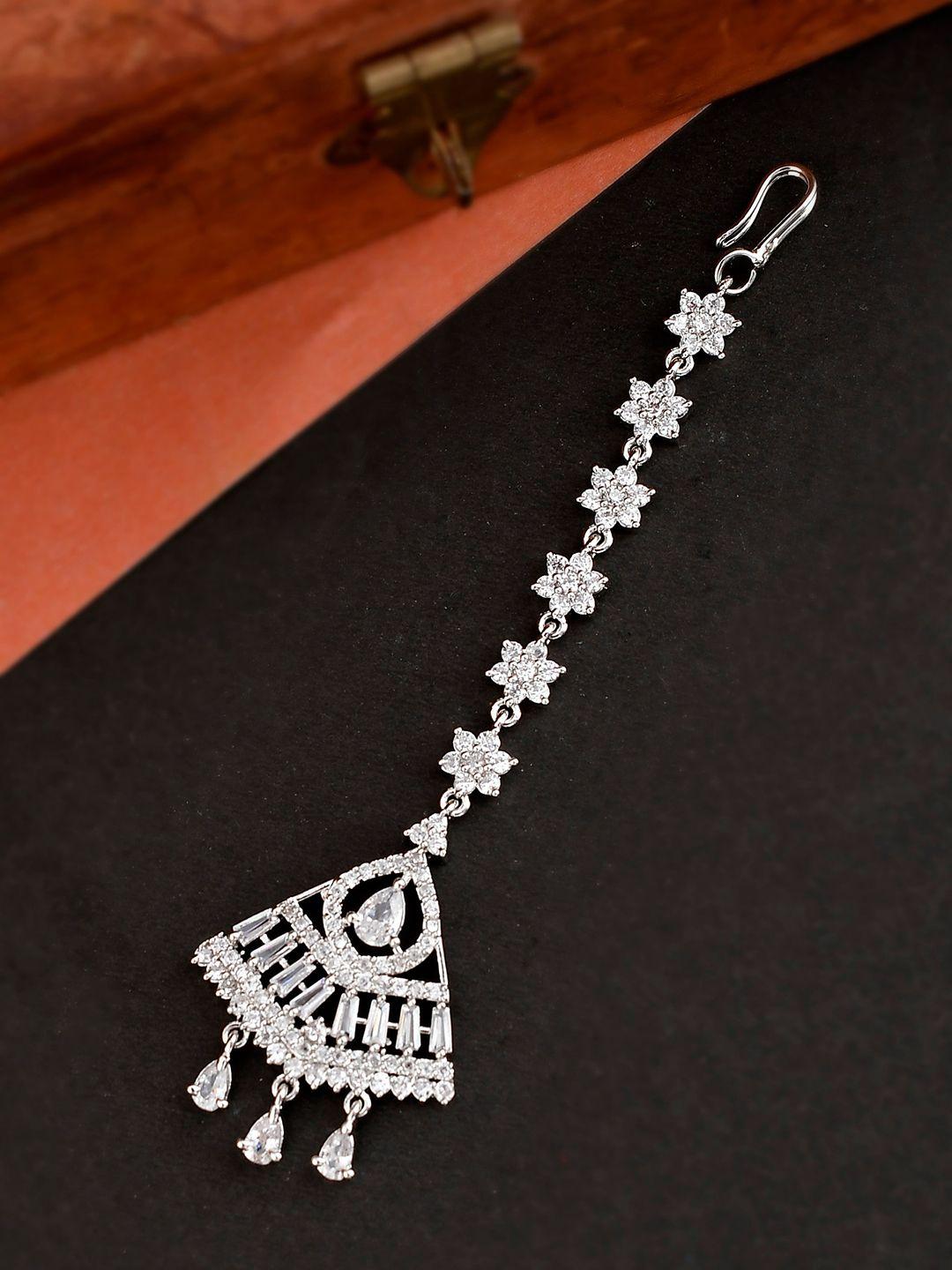 silvermerc designs silver-plated american diamond studded maang tikka