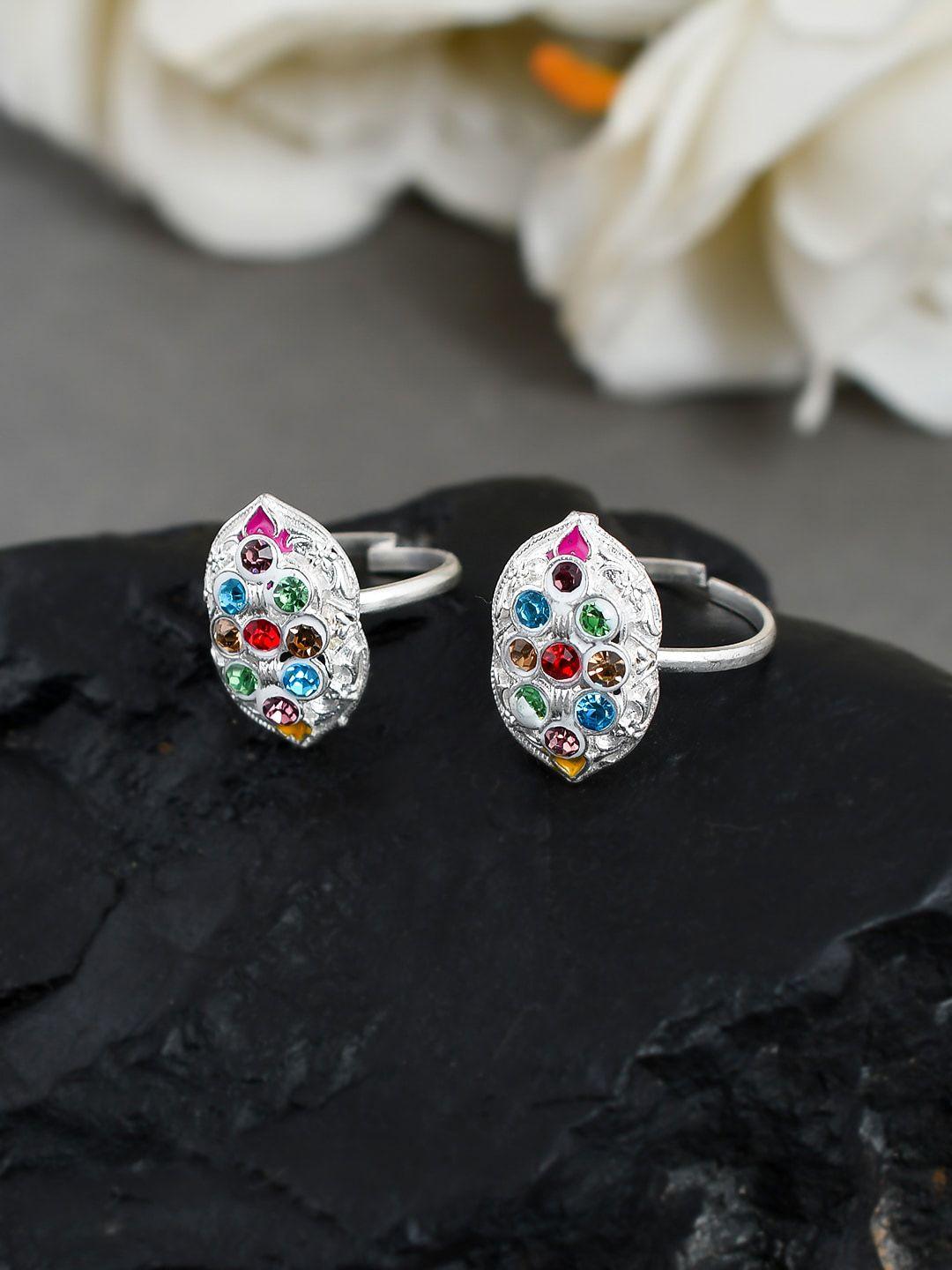 silvermerc designs silver-plated blue & red stone-studded toe rings