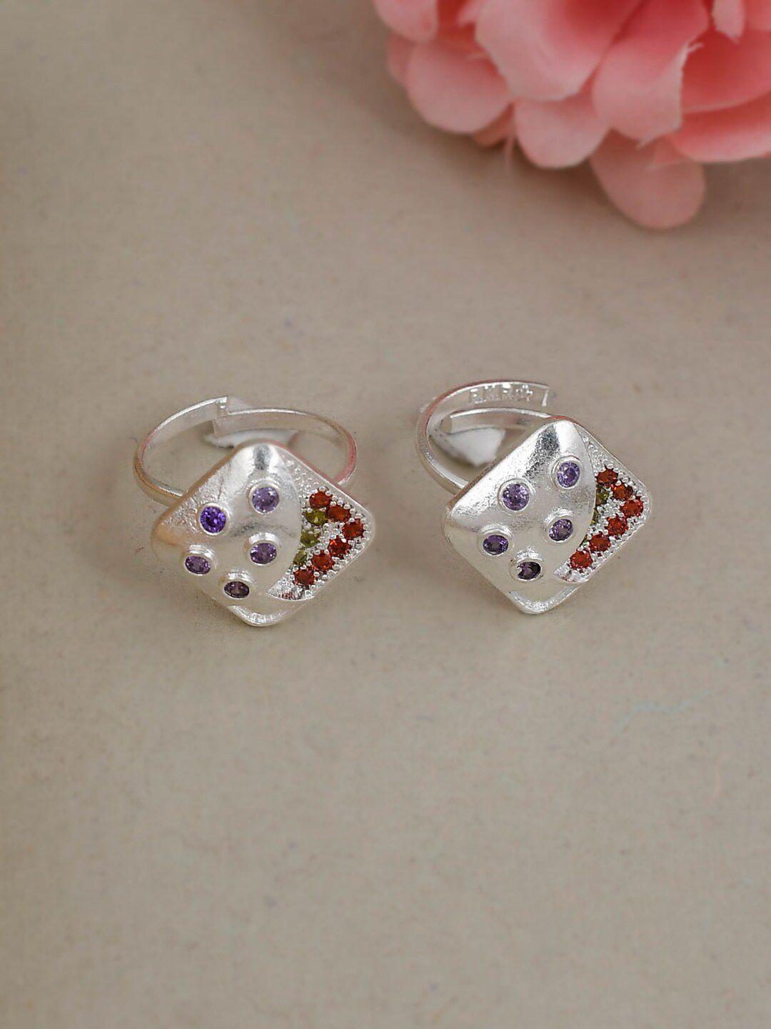 silvermerc designs silver-plated red & purple stone-studded adjustable toe rings