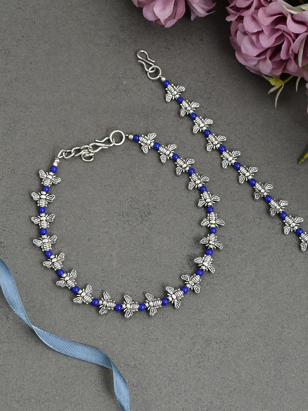 silvermerc designs woman silver plated oxidised blue beaded anklet