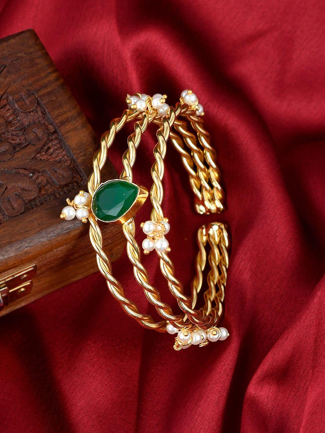 silvermerc designs women gold-plated & green brass pearls cuff bracelet